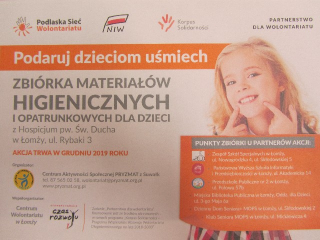 “Podaruj dzieciom uśmiech” – zbiórka materiałów higienicznych i opatrunkowych