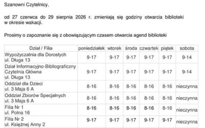 UWAGA – Wakacyjne godziny otwarcia biblioteki.