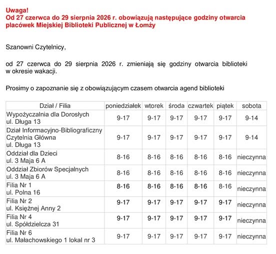 UWAGA – Wakacyjne godziny otwarcia biblioteki.